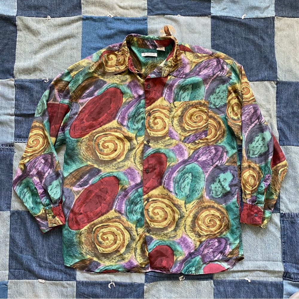 vtg pavo 100% silk button up shirt spiral abstract whimsygoth space size L